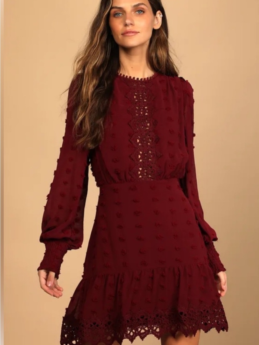 Lulu's Burgundy Lace-Trim Mini Dress